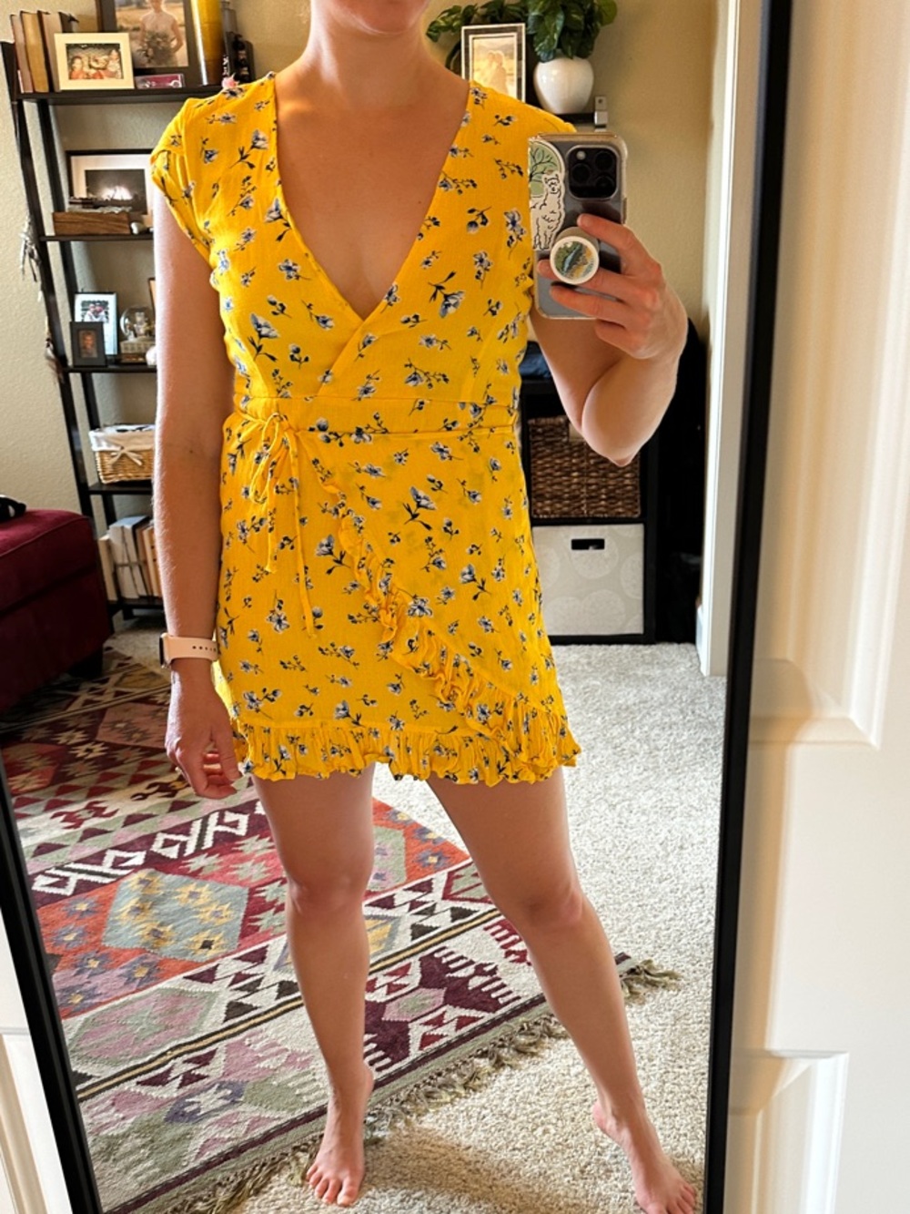 Zaful Yellow Floral Wrap Mini Dress with Ruffle Hem-NEVER WORN